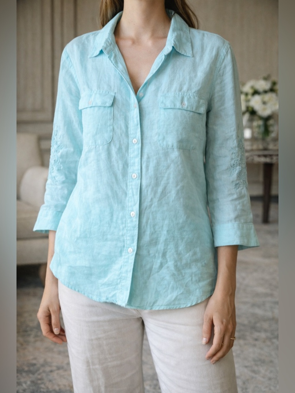 Edward 100% Irish Linen Aqua Embroidered Sleeve Button Up Blouse Quiet Luxury L